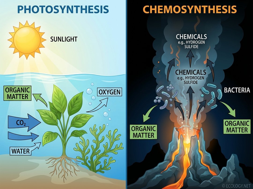 Diagram showing photosynthesis by plants using sunlight and chemosynthesis by bacteria at a deep-sea vent.