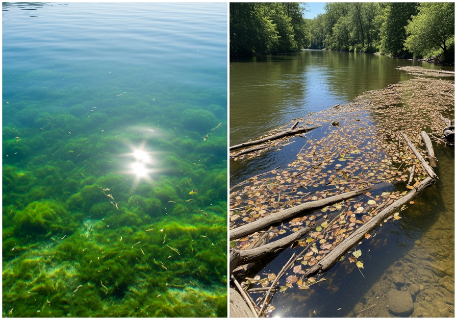 A split image showing a clear lake with phytoplankton (autochthonous) and a river with leaf litter (allochthonous).