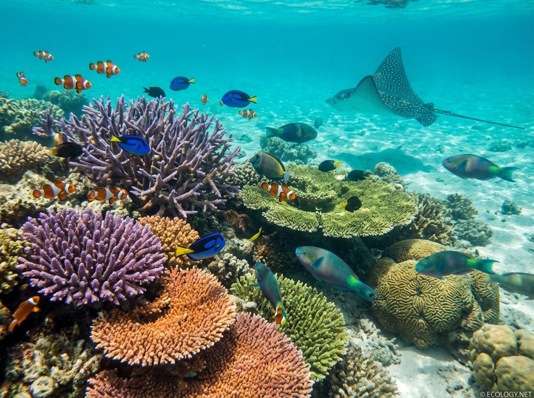 Vibrant, healthy coral reef teeming with diverse marine life, showcasing high autochthonous production.