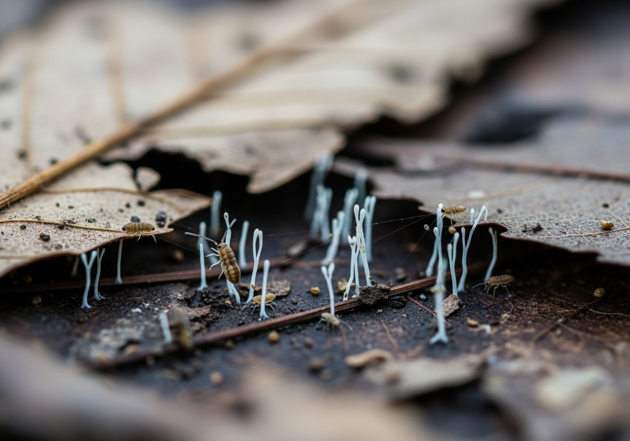 A close-up of a forest floor with decomposing leaves, fungi, and invertebrates, showing microbial activity.
