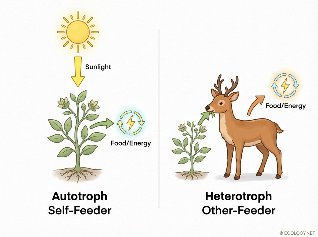 Diagram comparing autotrophs and heterotrophs, showing a plant making its own food from the sun and an animal eating the plant for energy.