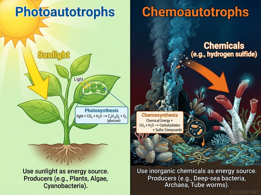 Diagram illustrating photoautotrophs (plants using sunlight for photosynthesis) and chemoautotrophs (deep-sea organisms using chemicals for chemosynthesis).