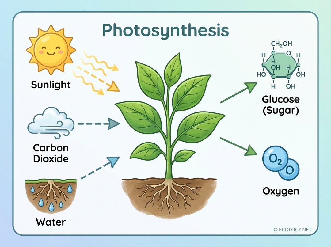 Diagram showing the inputs (sunlight, carbon dioxide, water) and outputs (glucose sugar, oxygen) of photosynthesis in a plant.