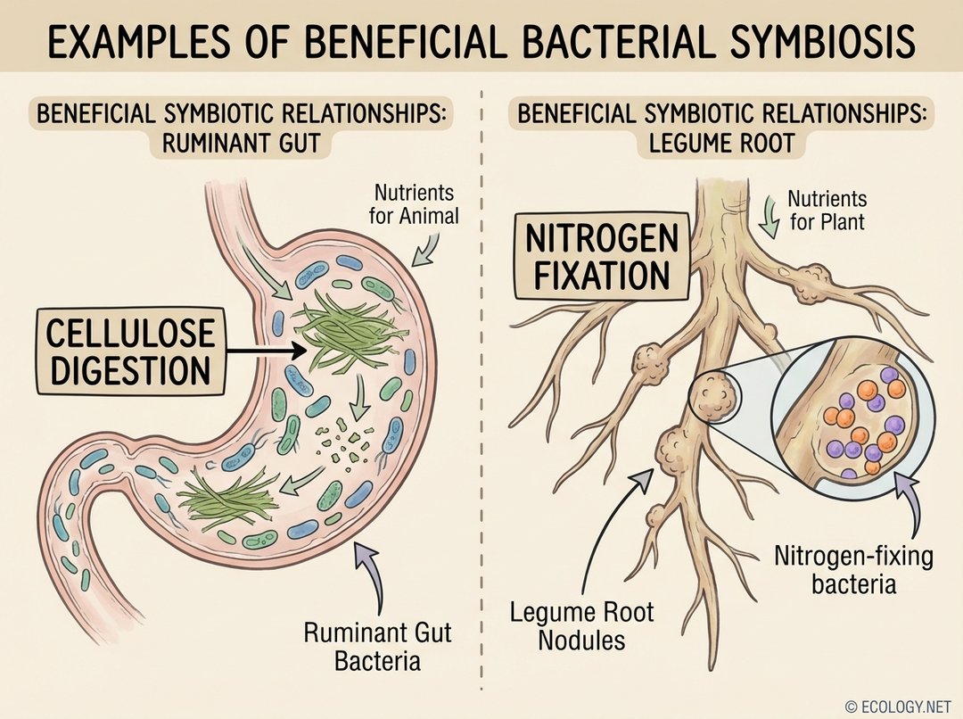 Diagram showing symbiotic bacteria in ruminant gut and legume root nodules