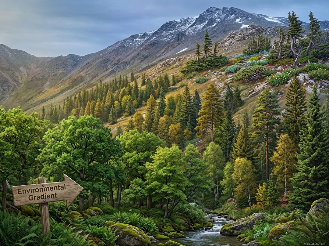 Photo-realistic illustration of a mountain slope showing an environmental gradient with different vegetation zones from base to peak.