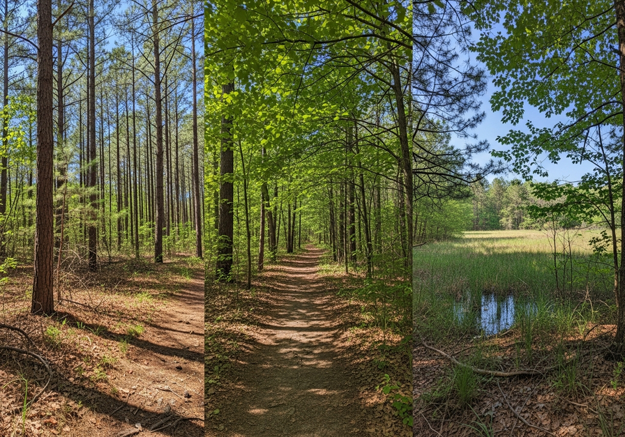 A wide-angle photograph of a forest trail transitioning through a dry pine scrub, a moist mixed hardwood forest, and a wet meadow, demonstrating species turnover across distinct habitats.