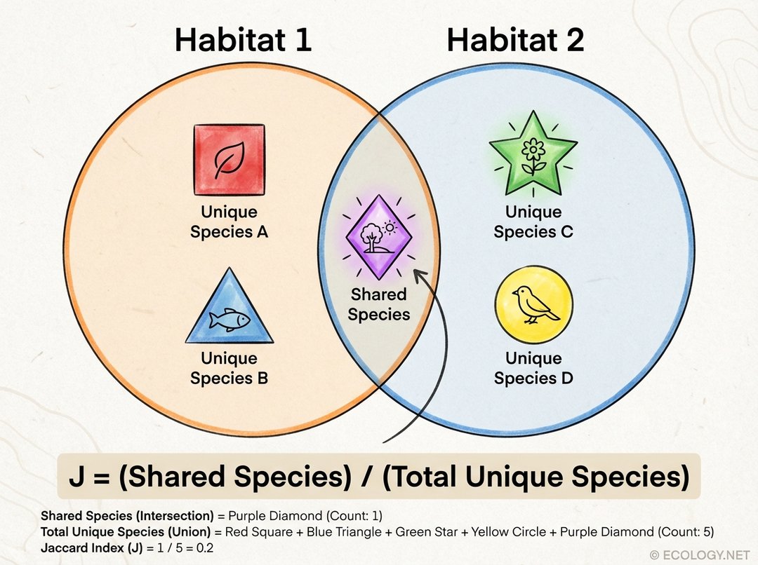 Illustrative diagram explaining the Jaccard Index with two overlapping Venn diagrams representing habitats and a formula.