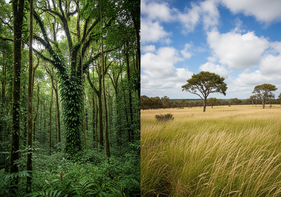 A split-screen image contrasting a lush tropical rainforest on the left with a temperate grassland on the right, highlighting significant beta diversity between vastly different ecosystems.