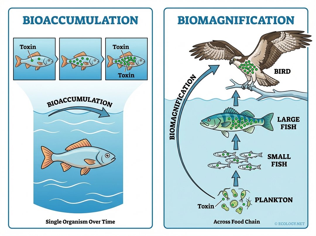 Diagram comparing bioaccumulation (toxin buildup in one organism) and biomagnification (increasing toxin concentration up a food chain).
