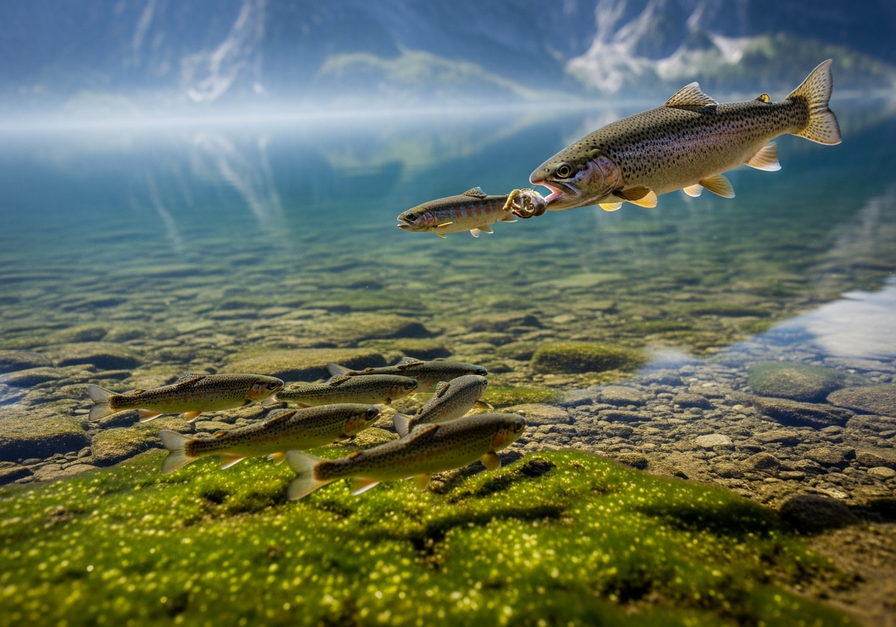 A high-resolution photo of a crystal-clear alpine lake. Small trout swim towards green algae, while a larger predatory trout hunts a smaller one, illustrating bioaccumulation and biomagnification in a food chain.