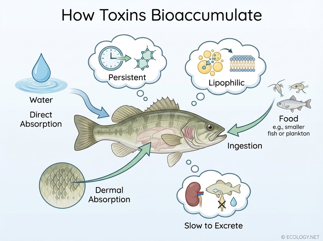 Diagram illustrating pathways (water, food, skin) and properties (persistent, lipophilic, slow excretion) of toxin bioaccumulation in a fish.