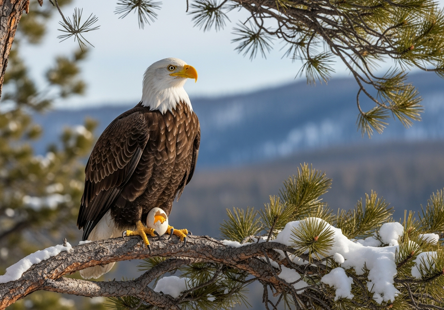 A bald eagle perches on a snow-covered pine branch, holding two eggs. One egg is visibly cracked with a thin shell, illustrating the impact of DDT bioaccumulation on top predators.