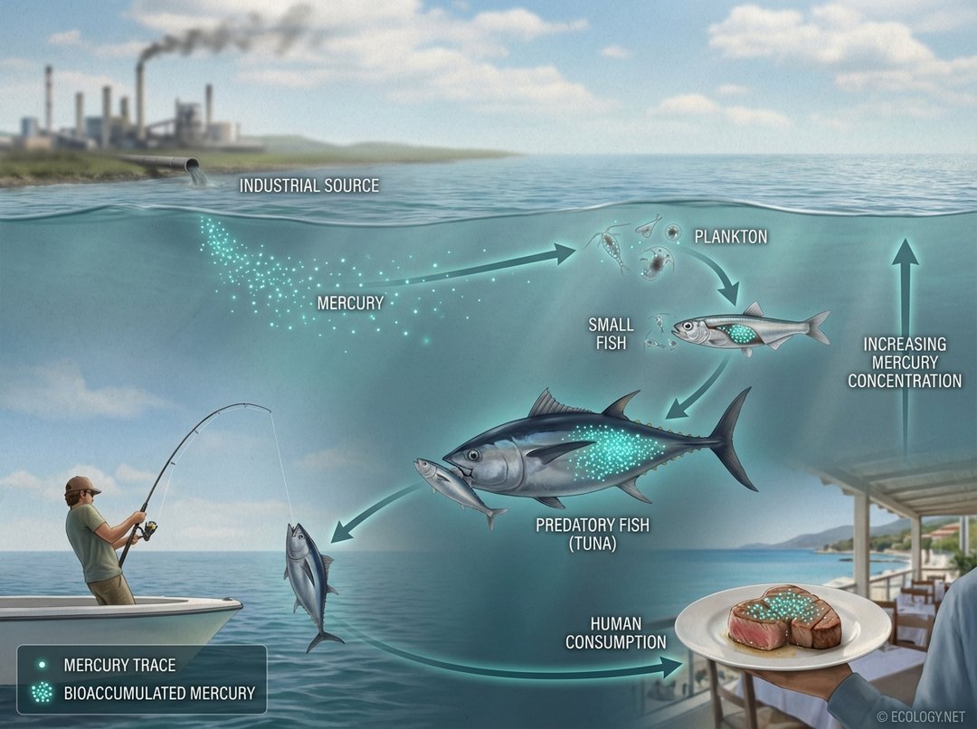 Photo-realistic illustration of mercury bioaccumulation in an aquatic food web, from plankton to fish to human consumption.
