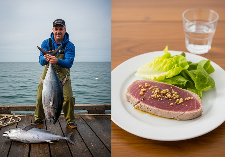 A split-screen image showing a fisherman holding a freshly caught tuna on the left, and a plated tuna fillet on a wooden table on the right, illustrating the human consumption of bioaccumulated mercury in fish.