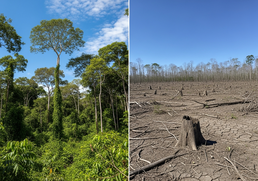 Split image showing a dense, green Amazon rainforest on the left and a barren, deforested landscape with stumps on the right.