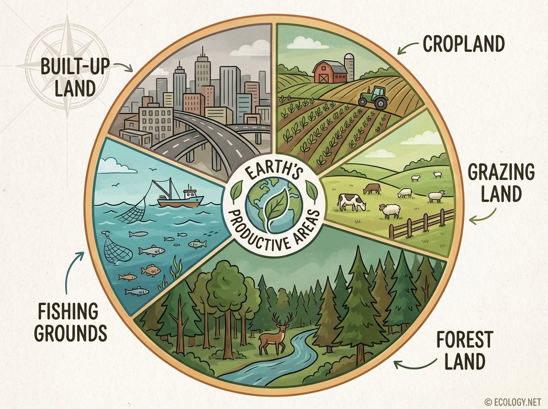 Pie chart diagram showing the components of Earth's biocapacity: cropland, grazing land, forest land, fishing grounds, and built-up land.