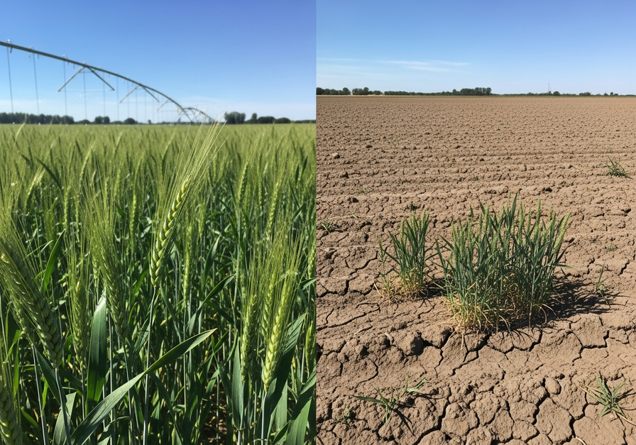 Split image showing a healthy, irrigated wheat field on the left and a drought-stricken, cracked field with wilted crops on the right.