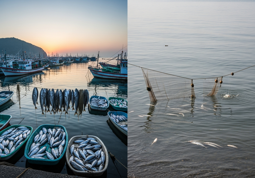 Split image showing a bustling fishing harbor with boats full of fish on the left and an empty, overfished shoreline with few fish on the right.