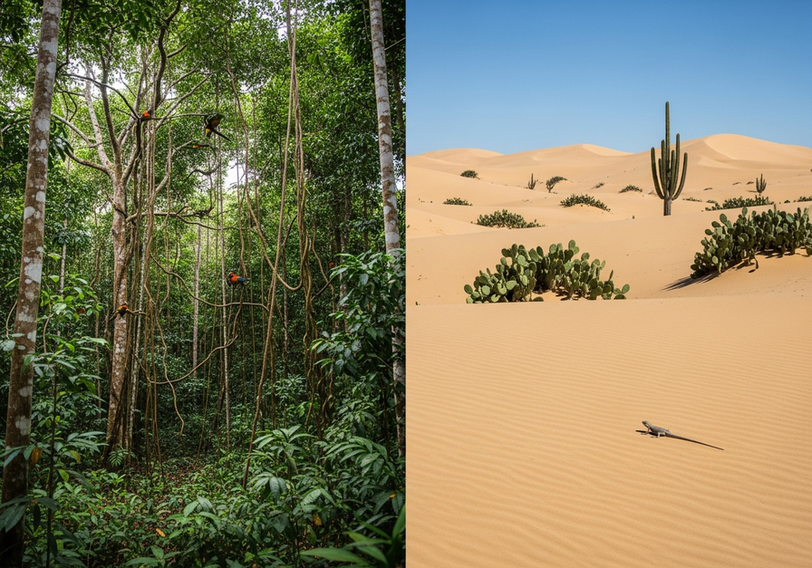 Split-screen showing lush Amazon rainforest and stark desert landscape, illustrating ecosystem diversity.