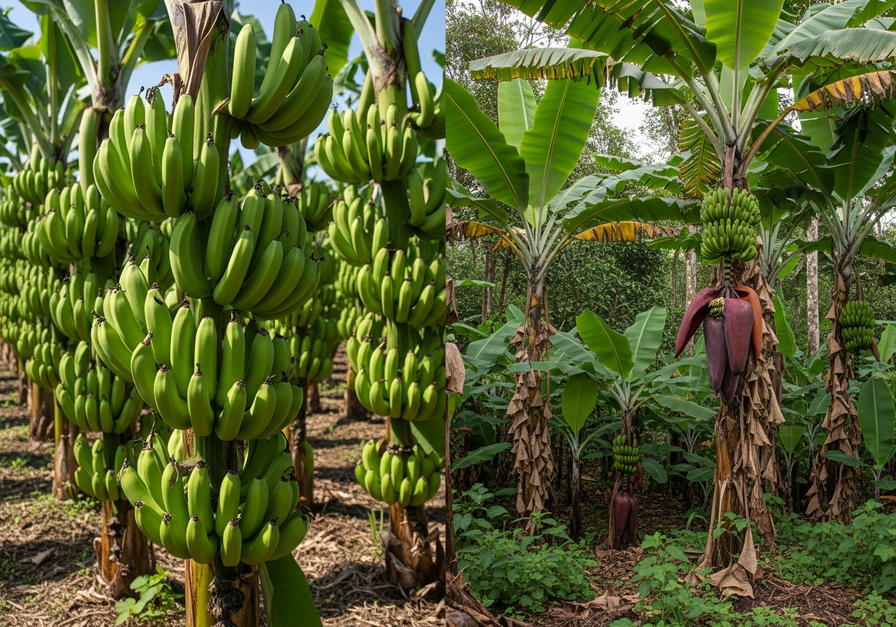 Split-screen showing a uniform commercial banana plantation and a diverse wild banana forest, illustrating genetic diversity.
