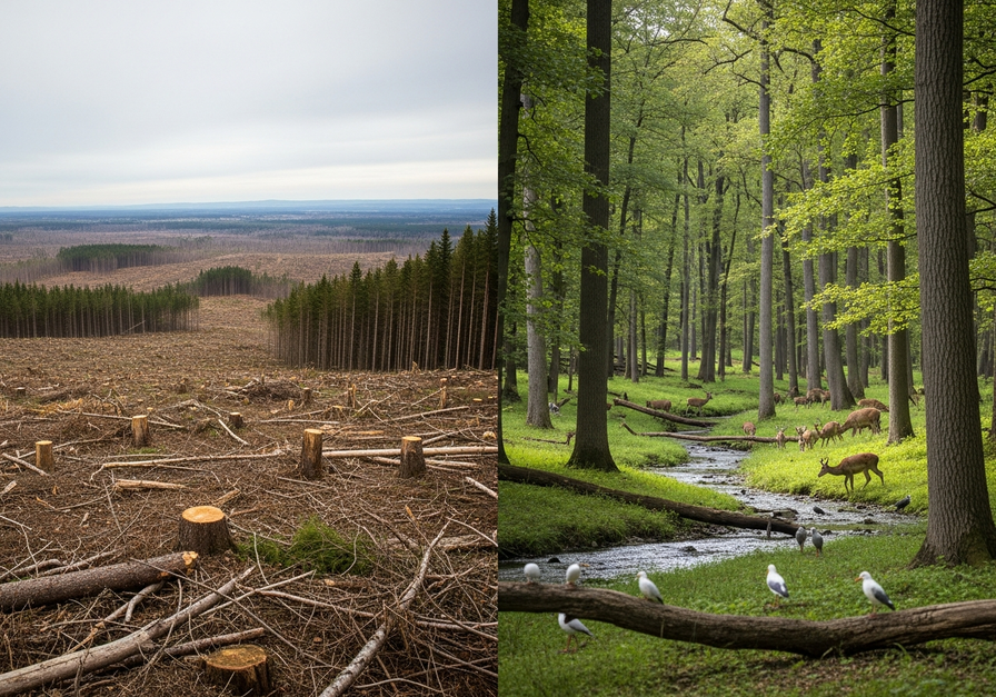 Split-screen showing a deforested area and a protected national park, illustrating the impact of human activity on biodiversity.