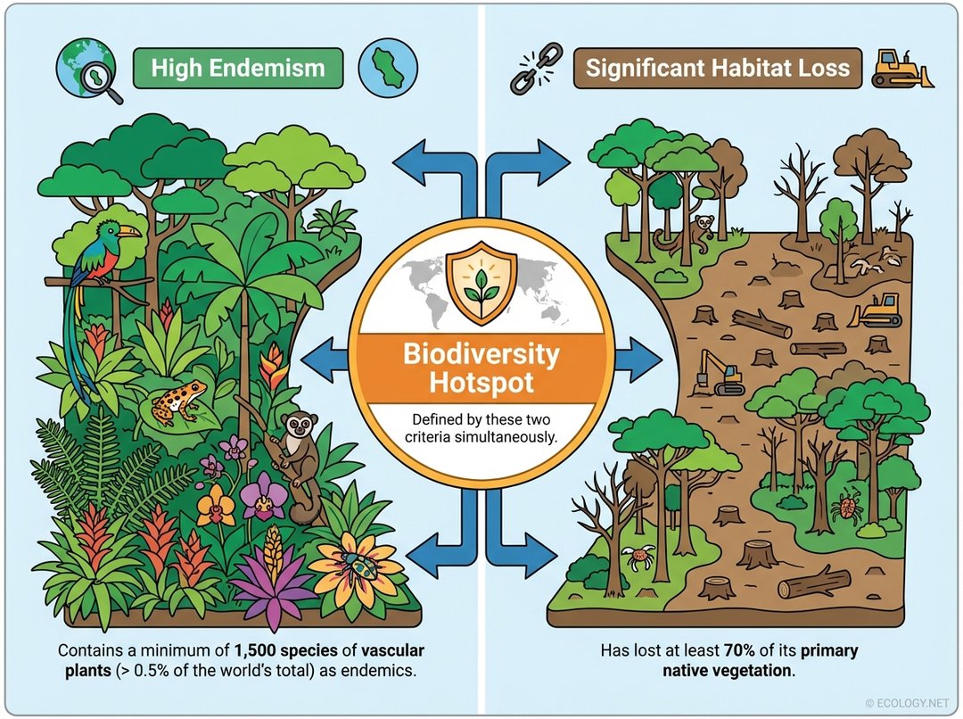 An illustrative diagram explaining the two criteria for a biodiversity hotspot: high endemism and significant habitat loss.