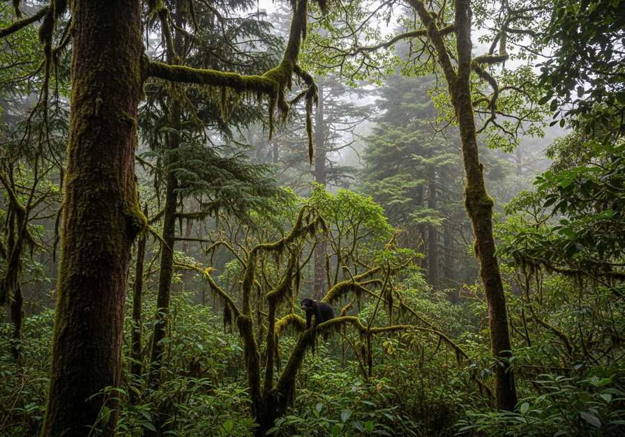 Wide-angle view of a dense cloud forest canopy in the Tropical Andes, with a spectacled bear partially visible.
