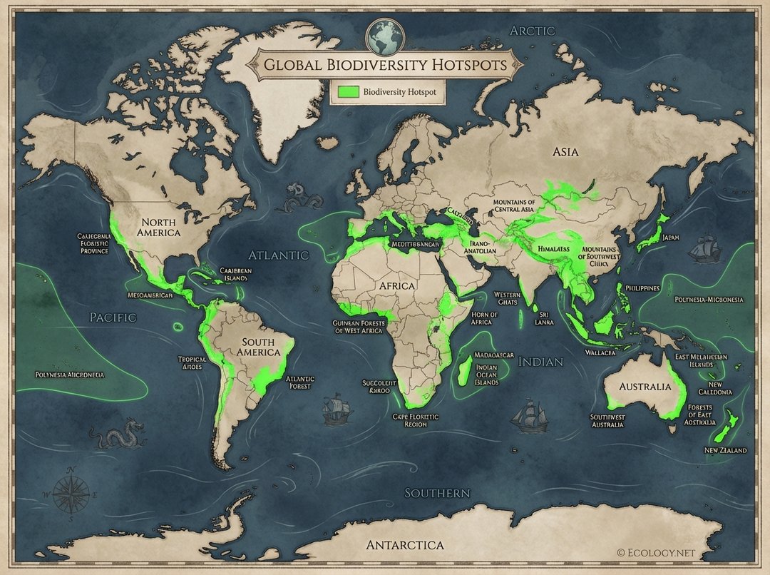 A world map highlighting the 36 global biodiversity hotspots in distinct colors.