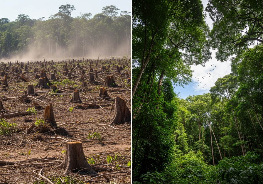 Split-screen image contrasting a clear-cut tropical rainforest with a lush, undisturbed forest.