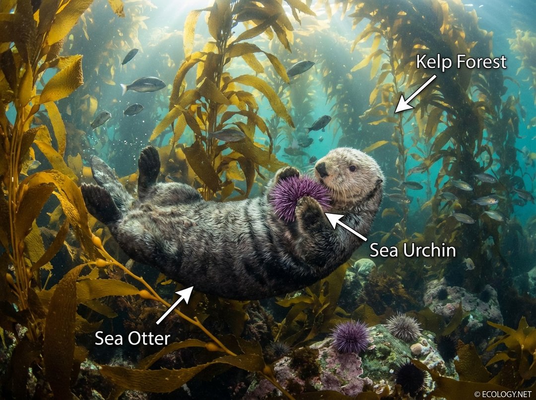 A photo-realistic image of a sea otter eating a sea urchin in a healthy kelp forest, illustrating a keystone species' role.