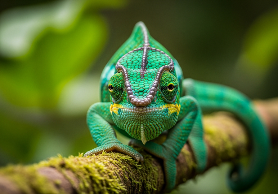 Close-up of a vibrant Madagascar chameleon on a mossy branch, showcasing its unique scales.