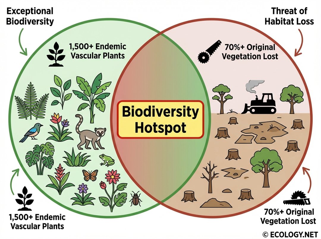 Diagram illustrating the two criteria for biodiversity hotspots: exceptional biodiversity (1,500+ endemic plants) and significant habitat loss (70%+ original vegetation lost).