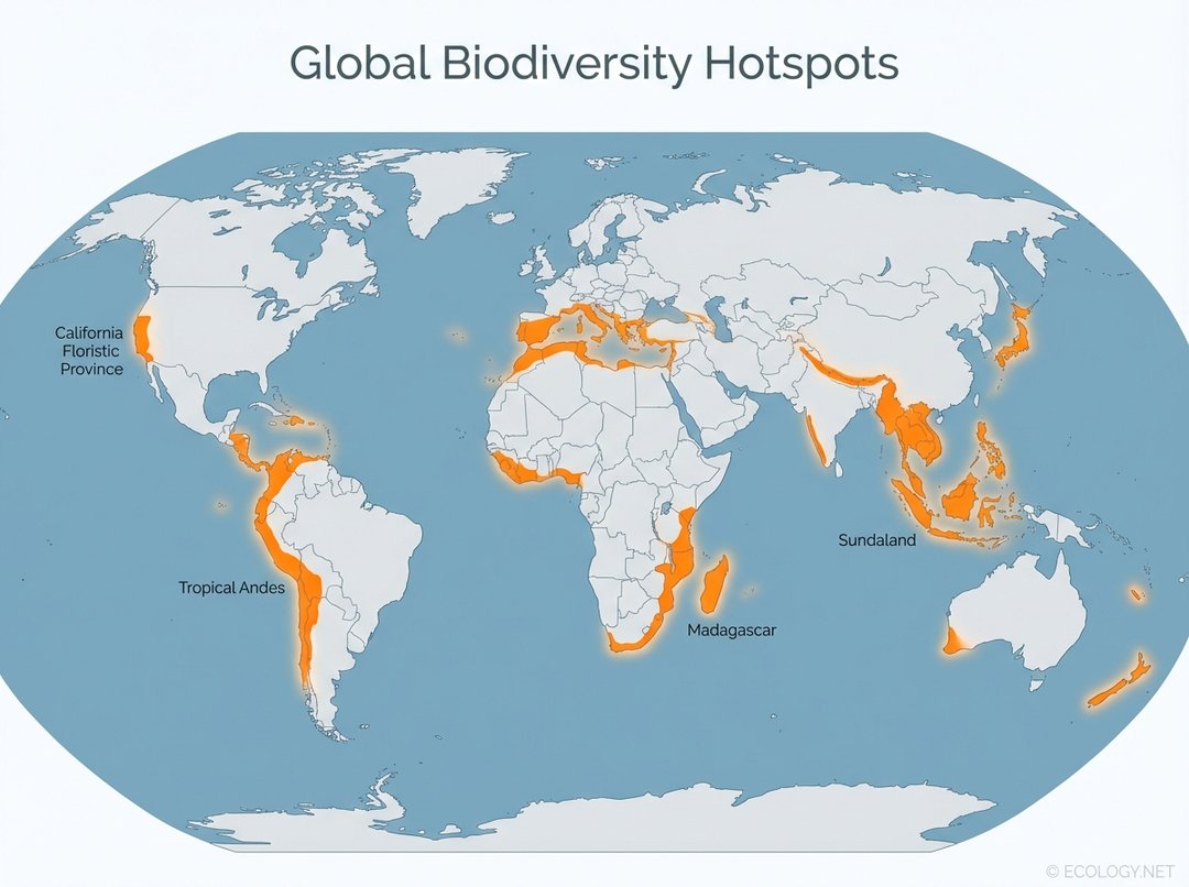 World map highlighting approximately 36 global biodiversity hotspots, including labels for Tropical Andes, Madagascar, Sundaland, and California Floristic Province.