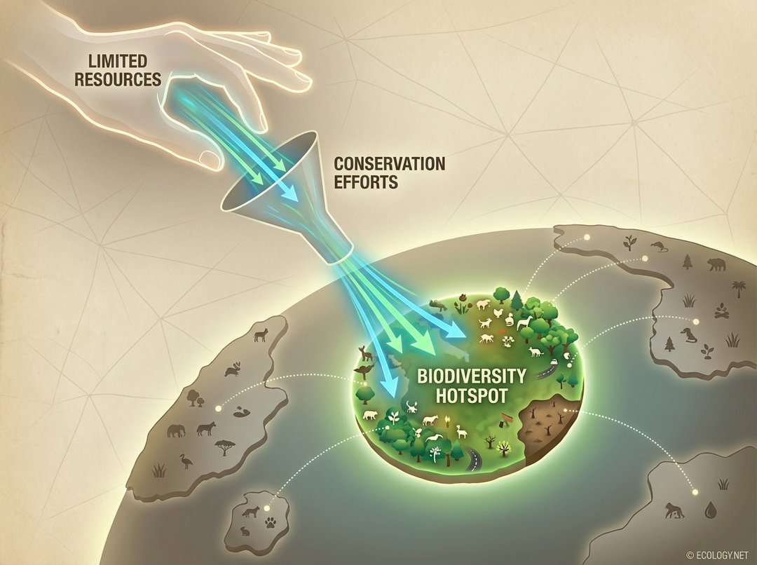 Conceptual diagram showing limited conservation resources being strategically directed towards a threatened biodiversity hotspot.