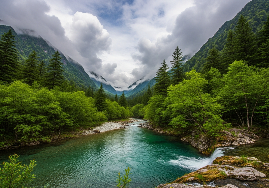 Illustrates the water cycle with evaporation, condensation, and precipitation in a mountain valley.