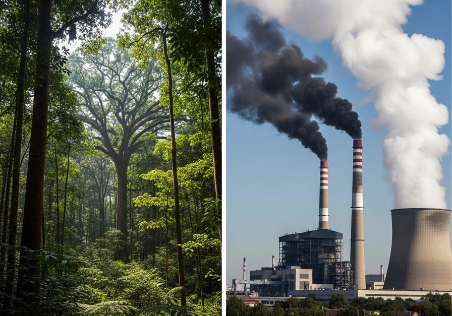 Compares natural carbon uptake in a rainforest with carbon emissions from a power plant.
