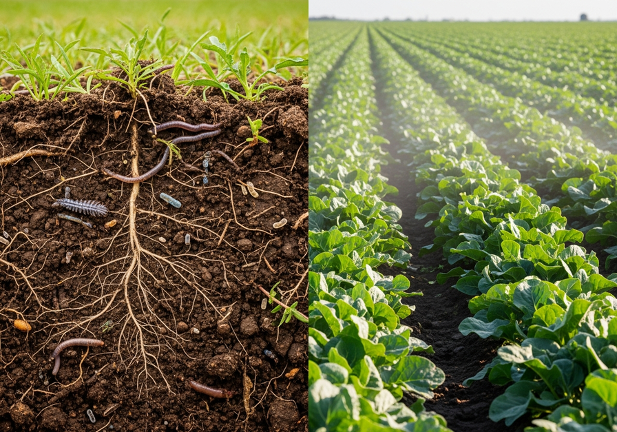 Shows natural nitrogen fixation in soil contrasted with nitrogen fertilizer application on crops.