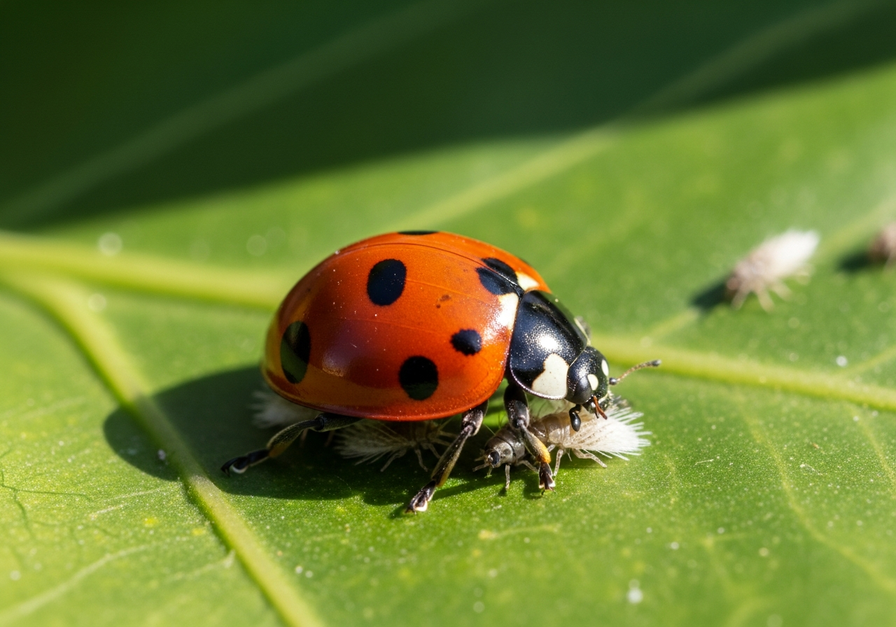 Close-up of a bright orange ladybug feeding on cottony cushion scale insects on a citrus leaf, demonstrating natural pest control.