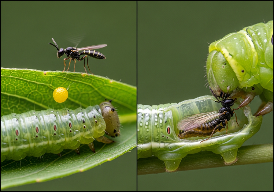 Split-screen image showing a parasitic wasp laying an egg on a caterpillar and a wasp larva feeding inside a caterpillar, illustrating internal parasitism.