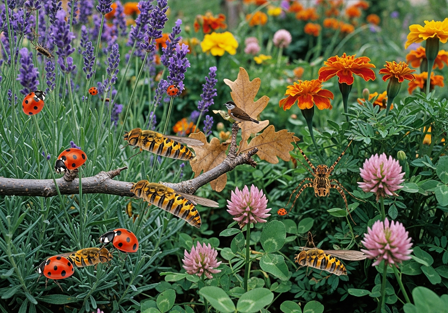 Diverse garden scene with lavender, marigolds, and clover, hosting ladybugs, hoverfly larvae, and a spider, showcasing a natural ecosystem for pest management.