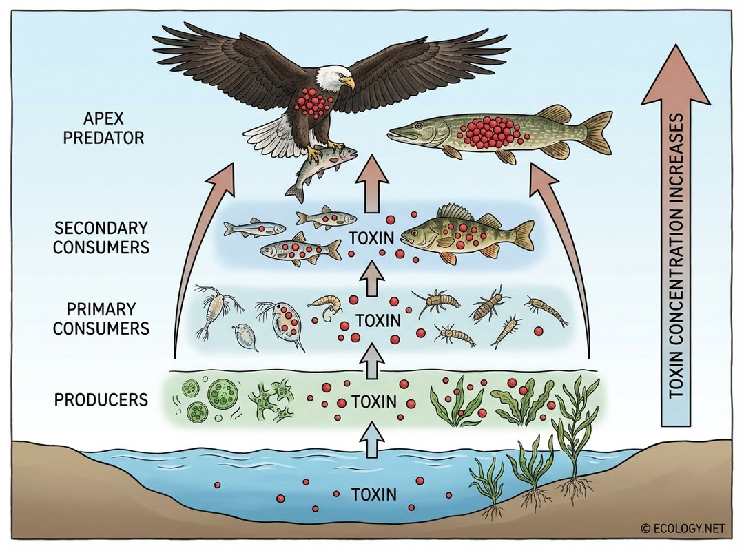 Diagram illustrating biomagnification, showing increasing toxin concentration up an aquatic food chain from producers to an apex predator.