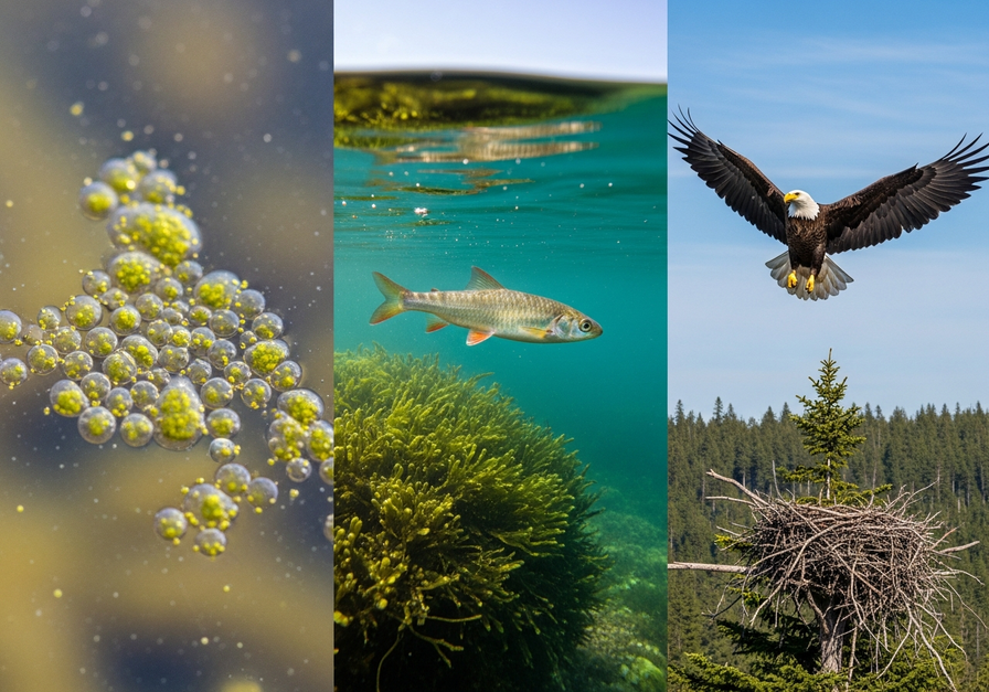 A split-screen image illustrating biomagnification, showing phytoplankton, a small fish, and a bald eagle, representing the increasing concentration of toxins up the food chain.