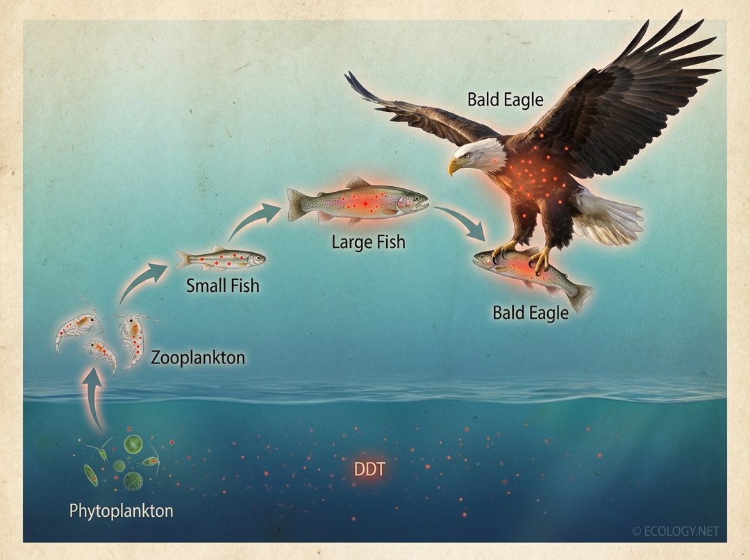 Photo-realistic illustration of DDT biomagnification in an aquatic food chain, culminating in a bald eagle with high DDT levels.