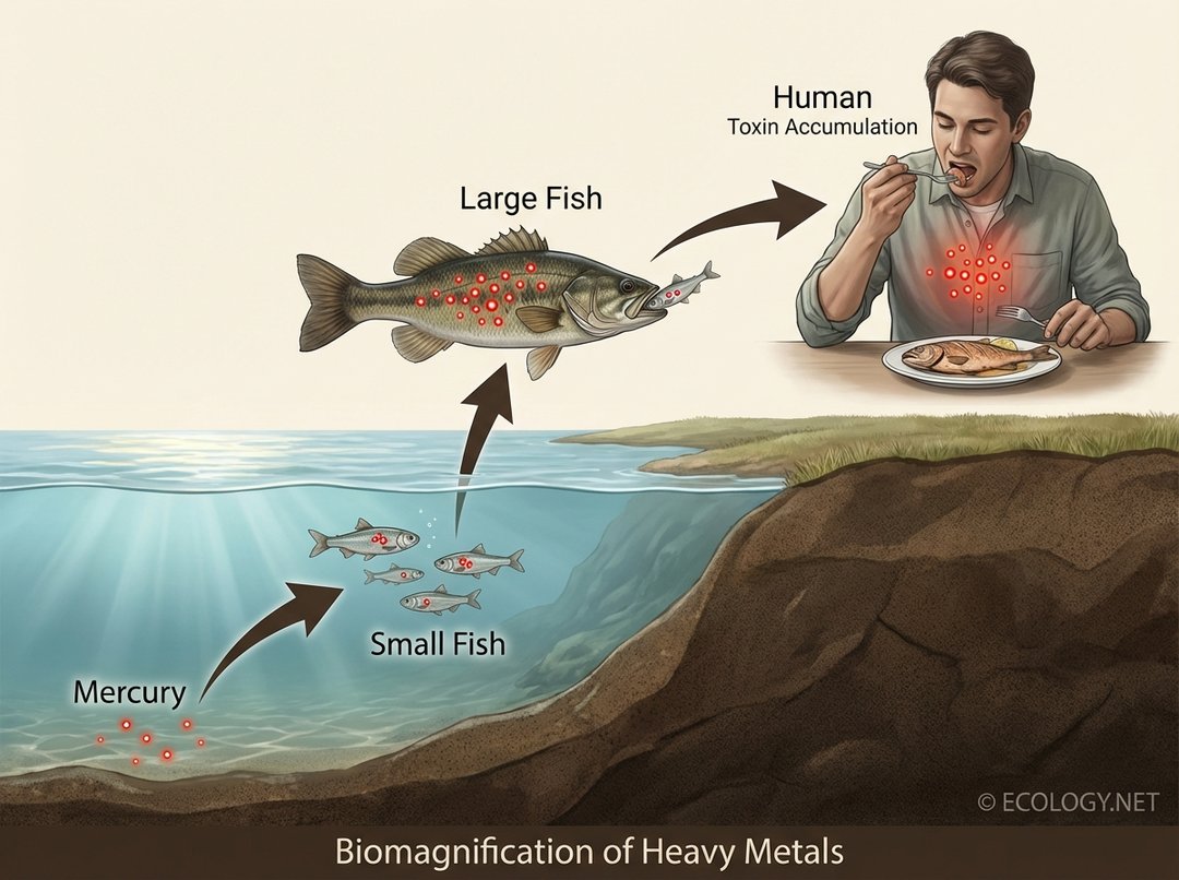 Photo-realistic illustration depicting mercury biomagnification from water through fish to a human consumer.