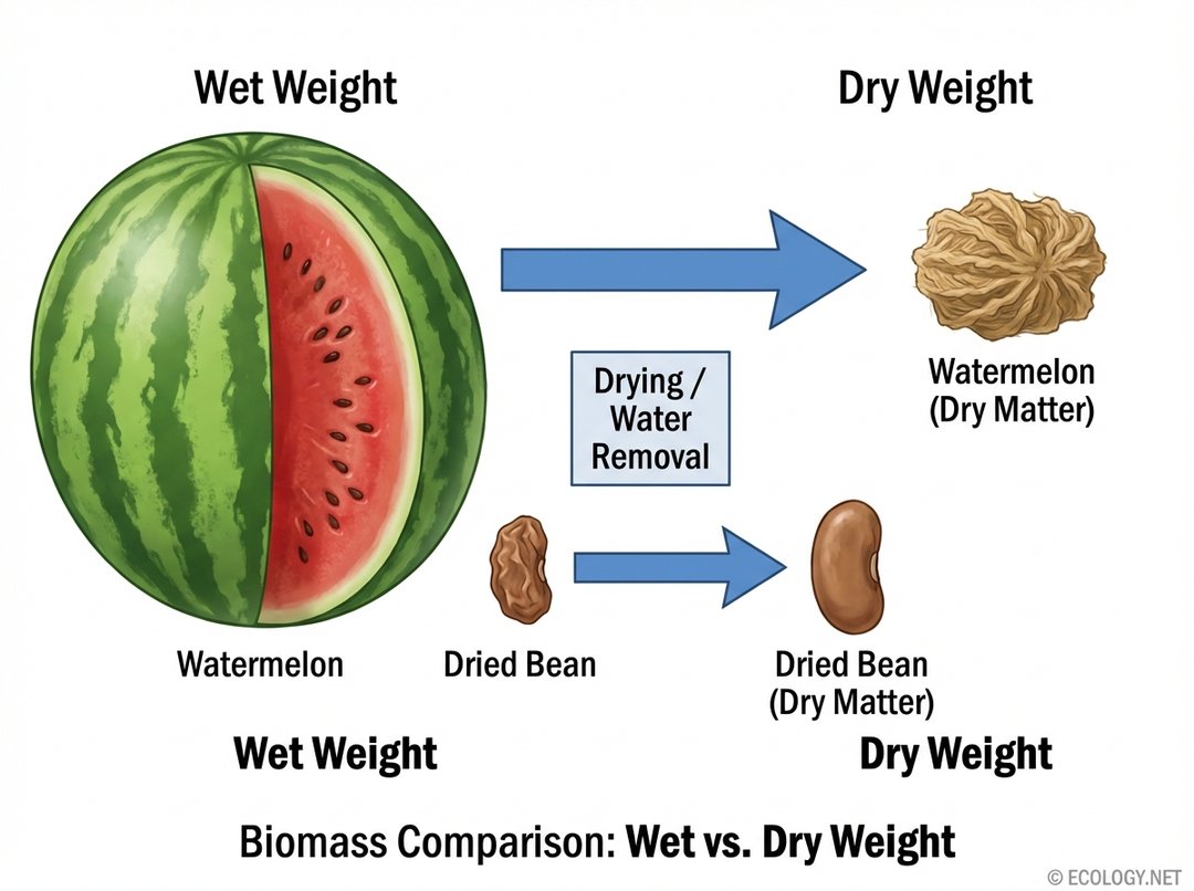 Diagram explaining dry weight biomass using a watermelon and a dried bean, showing their wet weight versus their proportionally smaller or larger dry weight.
