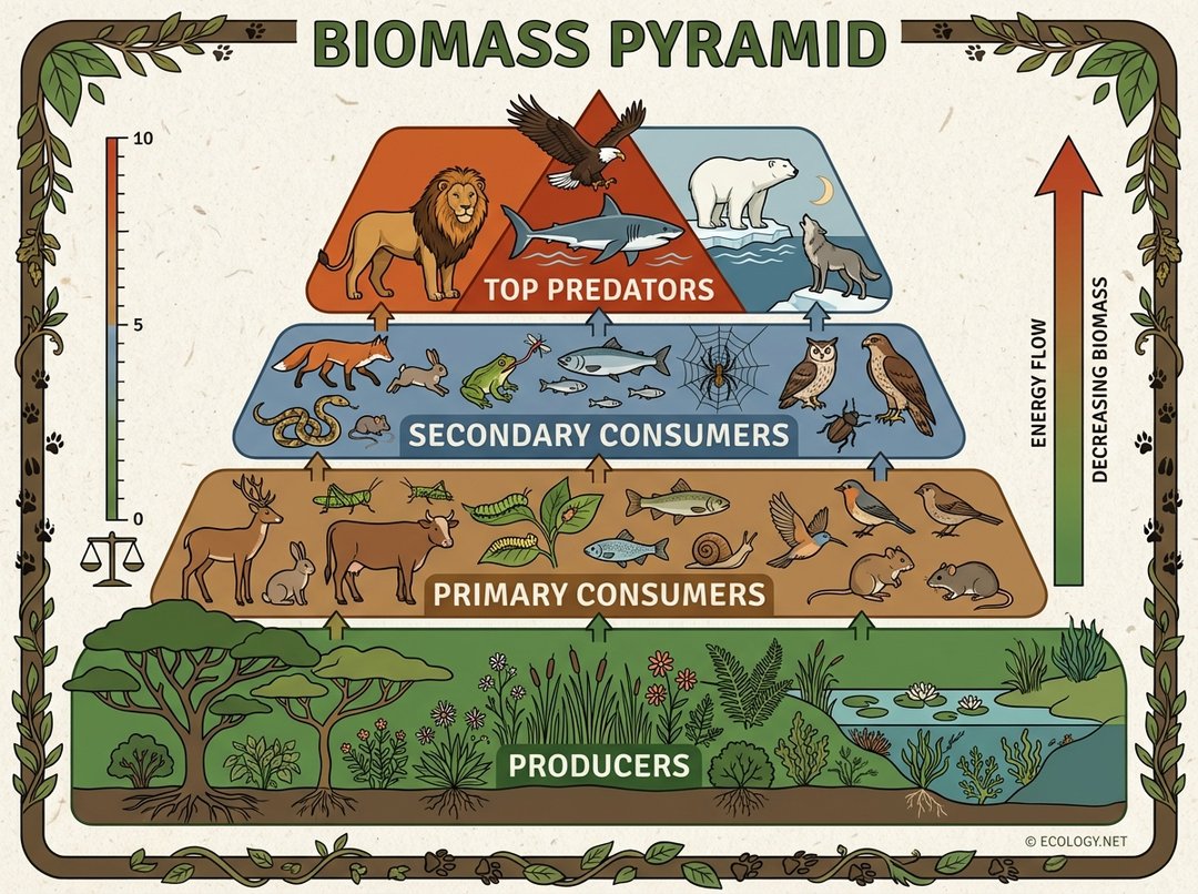 An ecological biomass pyramid diagram with four layers: Producers at the widest bottom, then Primary Consumers, Secondary Consumers, and Top Predators at the narrowest top.