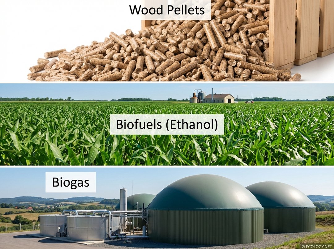 A collage showing three examples of biomass for bioenergy: a pile of wood pellets, a field of corn labeled 'Biofuels (Ethanol)', and a modern biogas digester facility.