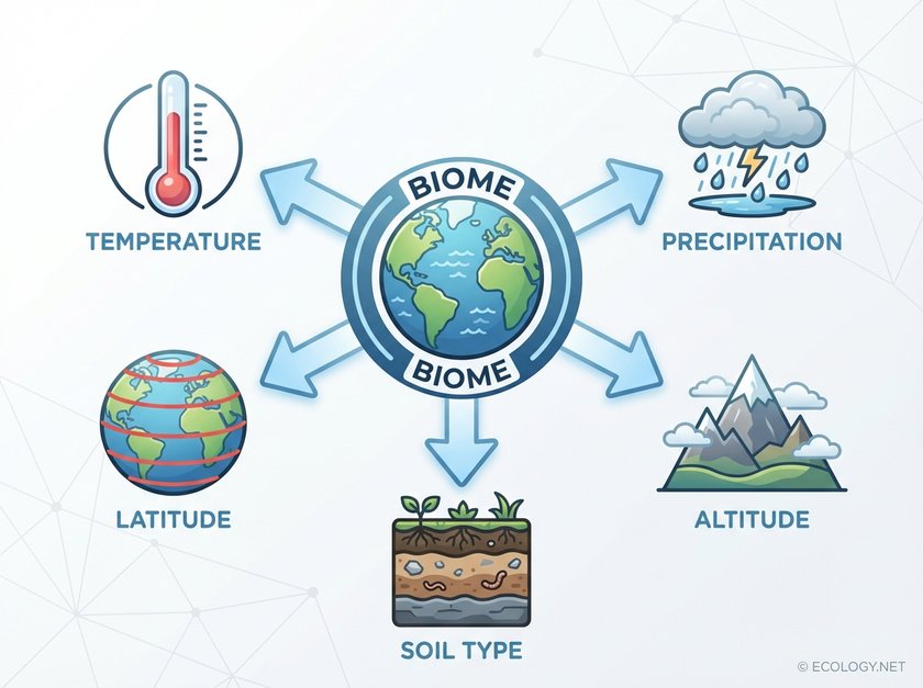 Diagram illustrating key factors defining a biome: temperature, precipitation, latitude, altitude, and soil type.