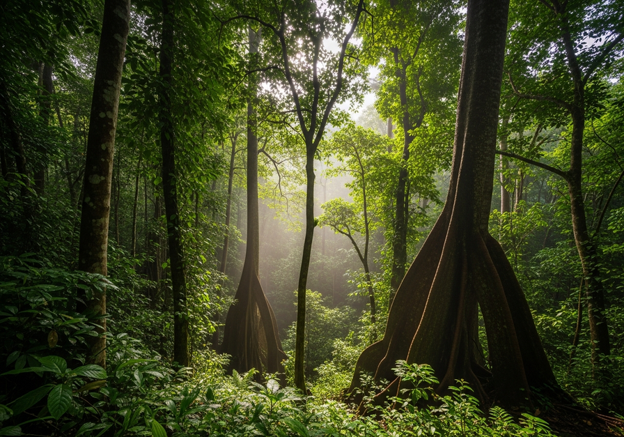 Tropical rainforest from an elevated perspective showing mist and layered vegetation