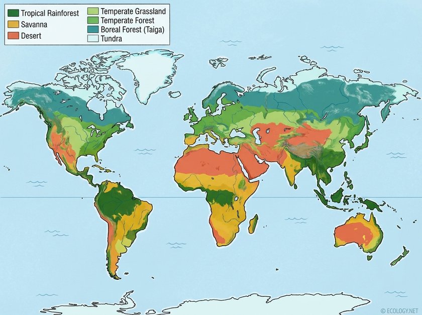 World map showing the geographical distribution of major terrestrial biomes with a color-coded legend.